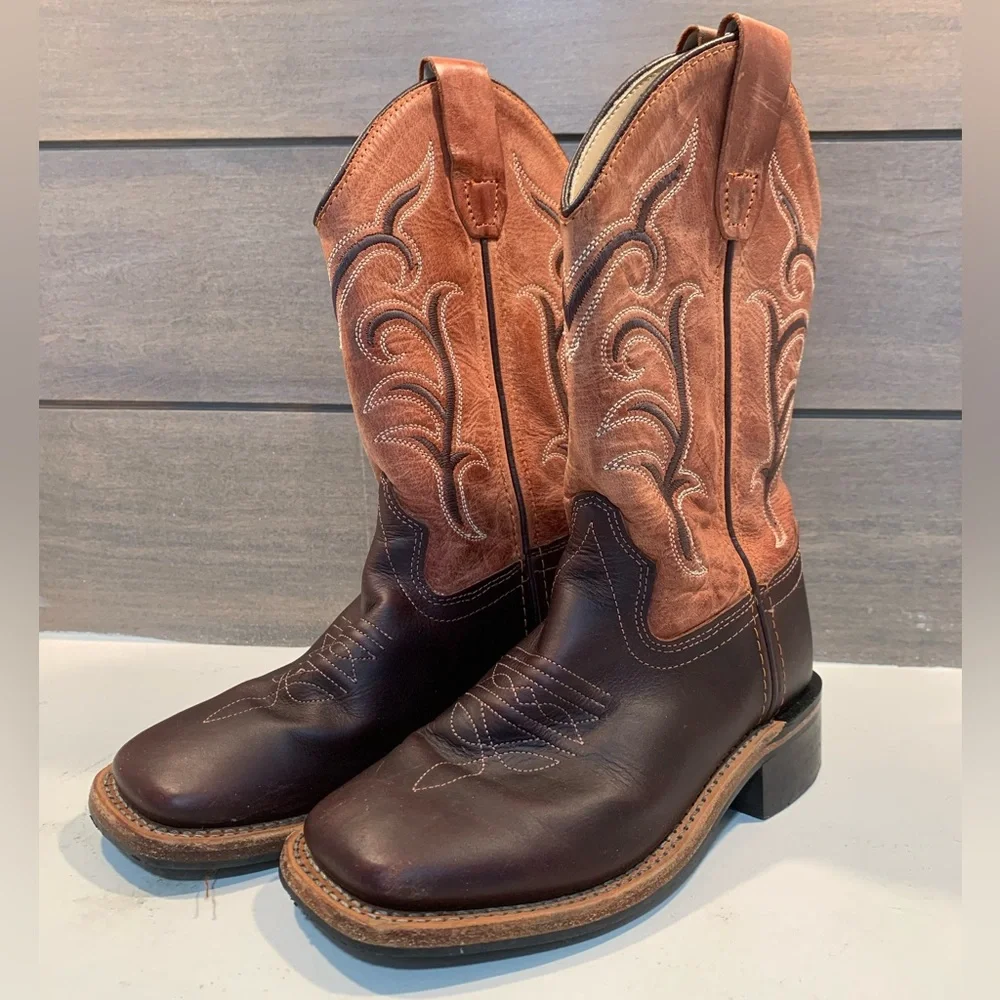 Old West Boys Square Toe Boots Brown Size 12.5- D Leather Western Casual Rodeo